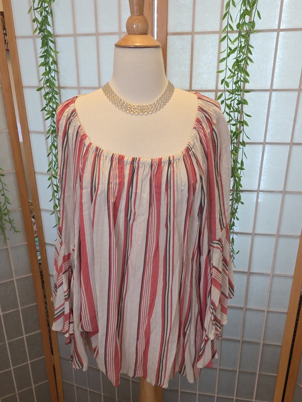 Fever Red and White Striped Off-Shoulder Tunic